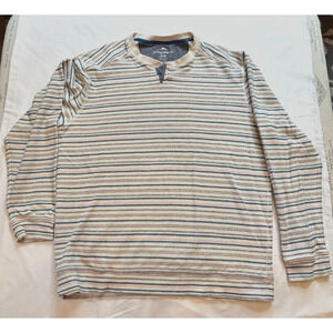 Tommy Bahama Mens Medium Henley Style long sleeve striped v neck woven shirt.